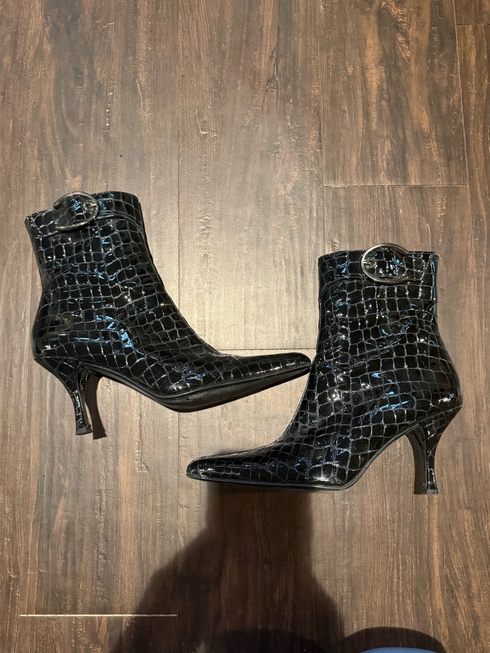 Stuart Weitzman Black Croc-Embossed Pointed Toe Ankle Booties